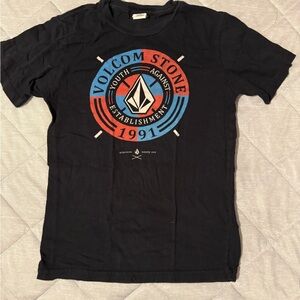 Volcom Black Short Sleeve Tee with Red & Blue 1991 Emblem